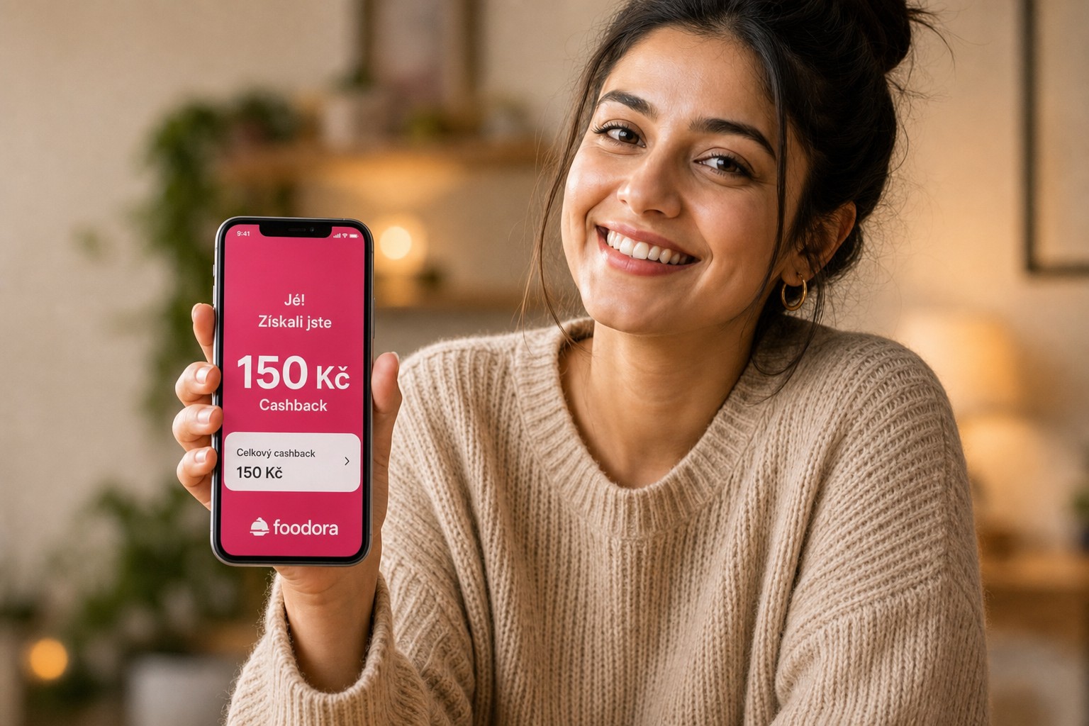 Žena doma s objednaným jídlem, v ruce telefon s přehledem cashbacku od foodora