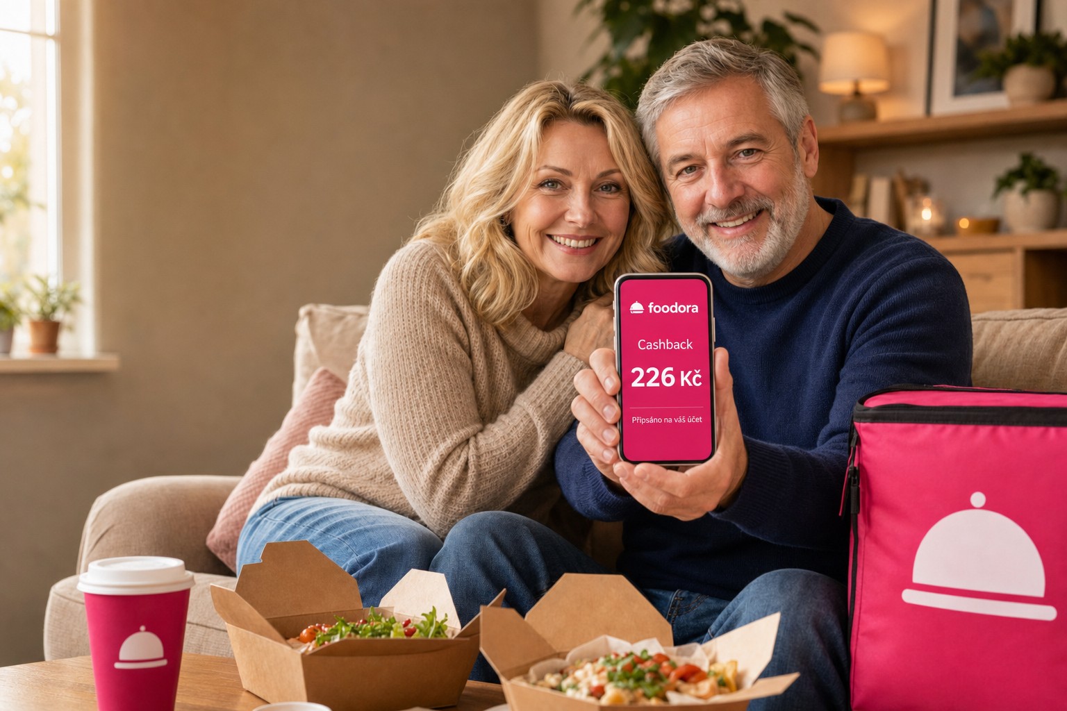 Pár doma s doručeným jídlem a růžovou taškou foodora se dívá na cashback v telefonu